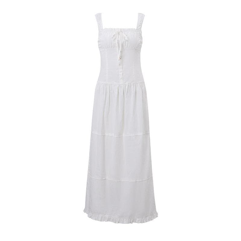 Square Neck Button Front Smocked Ruffle Tiered Milkmaid Maxi Dress