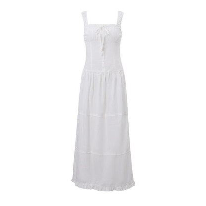 Square Neck Button Front Smocked Ruffle Tiered Milkmaid Maxi Dress