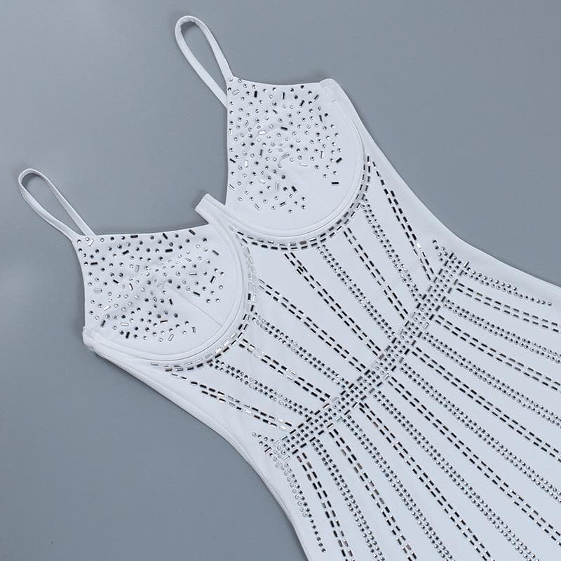 Rhinestone Embellished Sweetheart Neck Spaghetti Strap Corset Line Bodycon Mini Dress