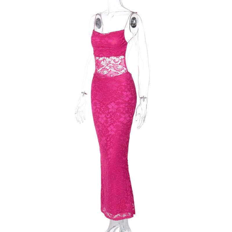 Floral Lace Spaghetti Strap Sheer Midriff Bodycon Maxi Dress