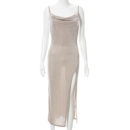 Cowl Neck Spaghetti Strap Ruched Waist High Slit Bodycon Maxi Dress