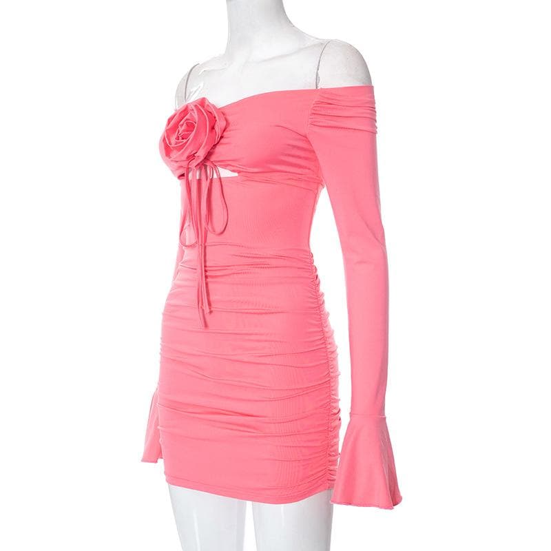 Off-Shoulder Rosette Applique Bell Cuff Ruched Bodycon Mini Dress
