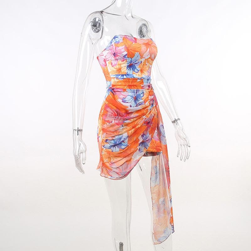 Strapless Tropical Floral Print Ruched Asymmetric Hem Mini Dress