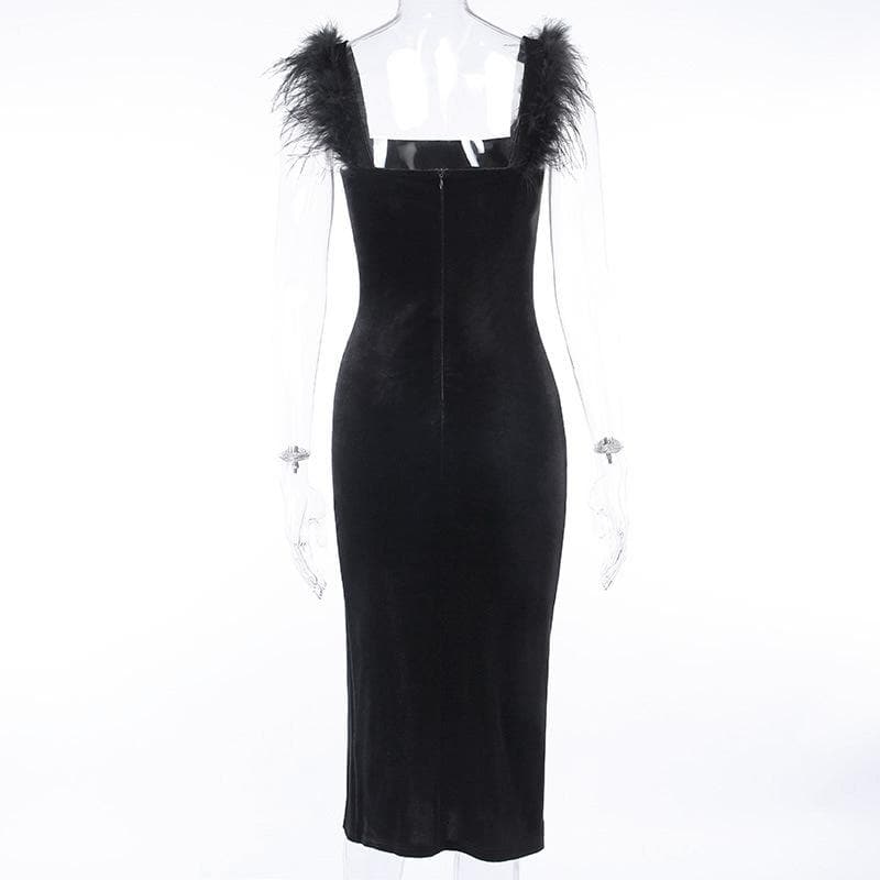 Square Neck Faux Fur Strap Side Slit Velvet Zip Up Midi Dress