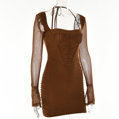 Square Neck Halter Tie Corset Bodice Bell Sleeve Side Ruched Bodycon Mini Dress