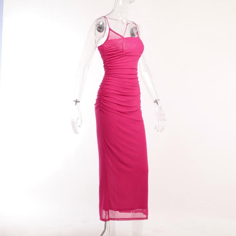 Scoop Neck Lace Trim Ruched Spaghetti Strap Midi Dress