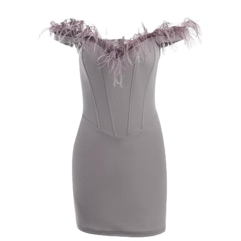 Off-Shoulder Feather Trim Corset Bodice Zip Back Bodycon Mini Dress
