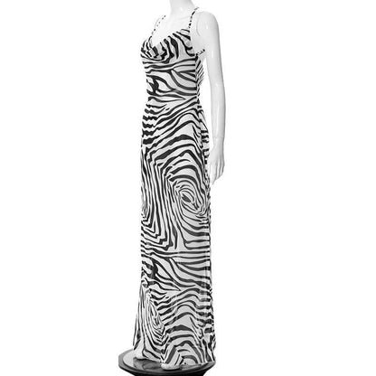 Cowl Neck Zebra Print Halter Cross Open Back Bodycon Maxi Dress