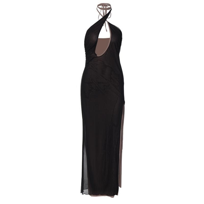 Cross Front Keyhole Halter Mesh Contrast Lined Side Slit Maxi Dress