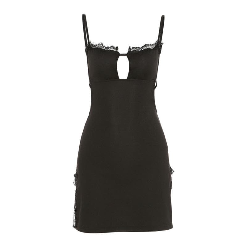 Lace Trim Sweetheart Keyhole Side Slit Backless Cami Mini Dress
