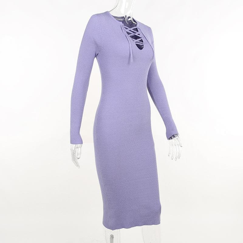 Round Neck Long Sleeve Ribbed Lace Up Chest Cutout Midi Dress