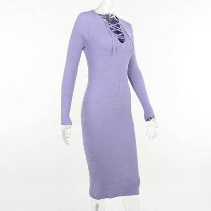 Round Neck Long Sleeve Ribbed Lace Up Chest Cutout Midi Dress
