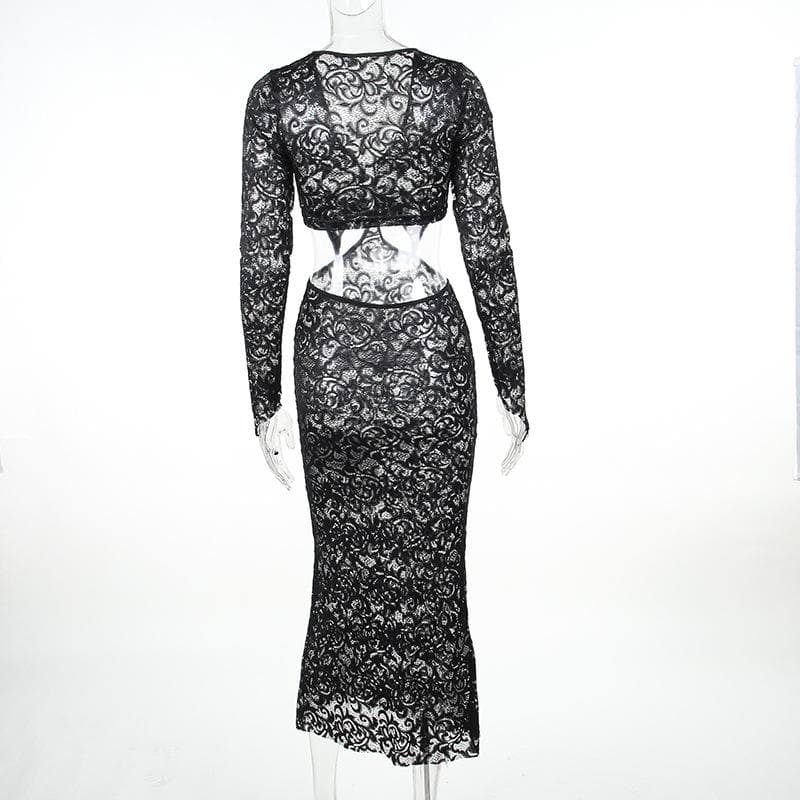 Deep V Neck Lace Long Sleeve Waist Cutout Floor Length Maxi Dress