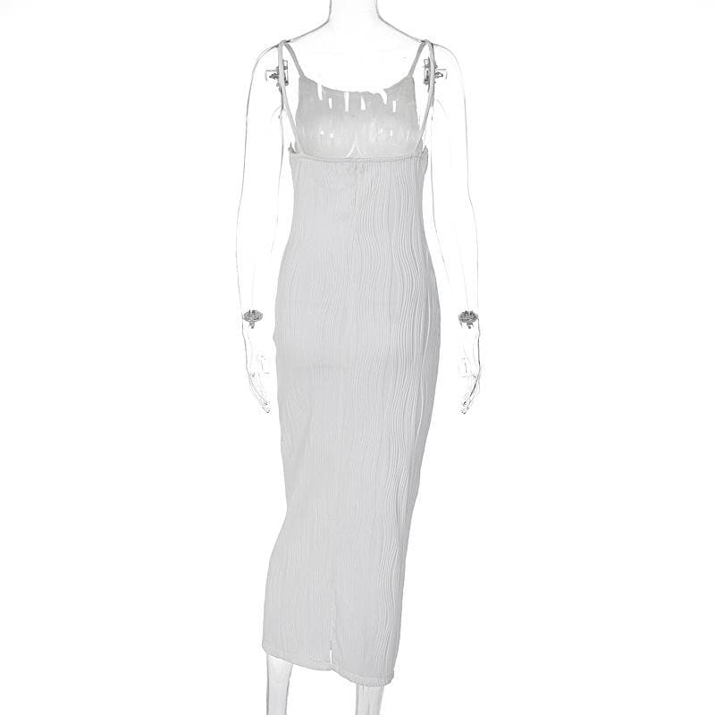 Square Neck Spaghetti Strap Wave Texture Bodycon Midi Dress