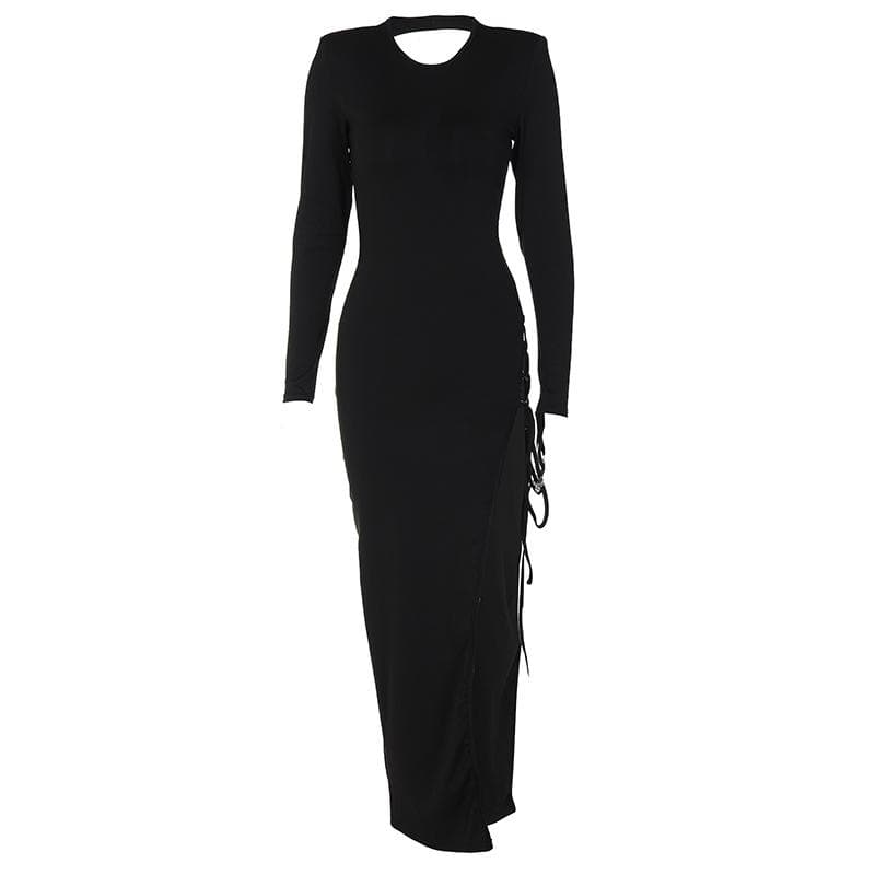 High Neck Chest Cutout Lace Up Side Slit Bodycon Maxi Dress