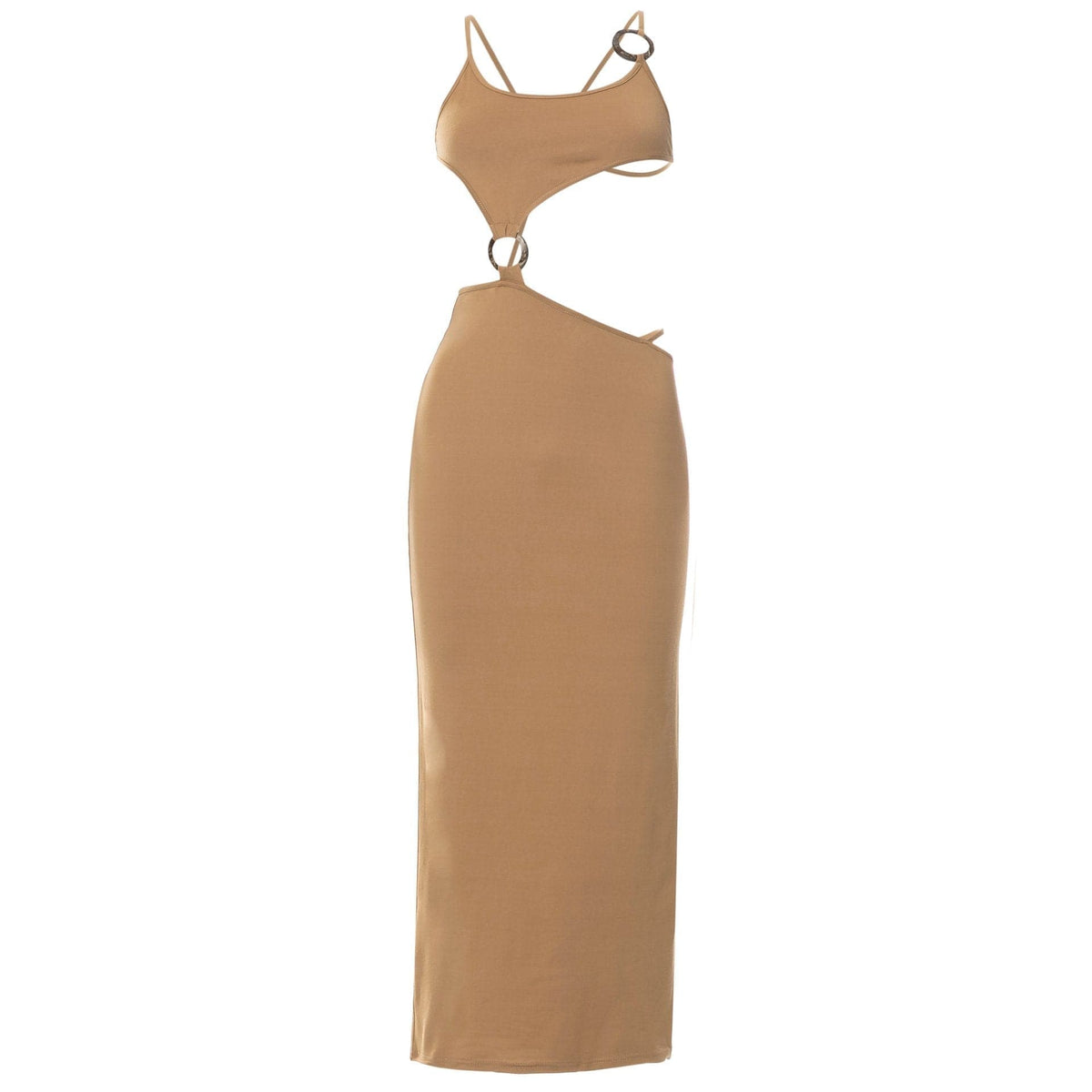 Scoop Spaghetti Strap O-Ring Asymmetric Waist Cutout Maxi Dress