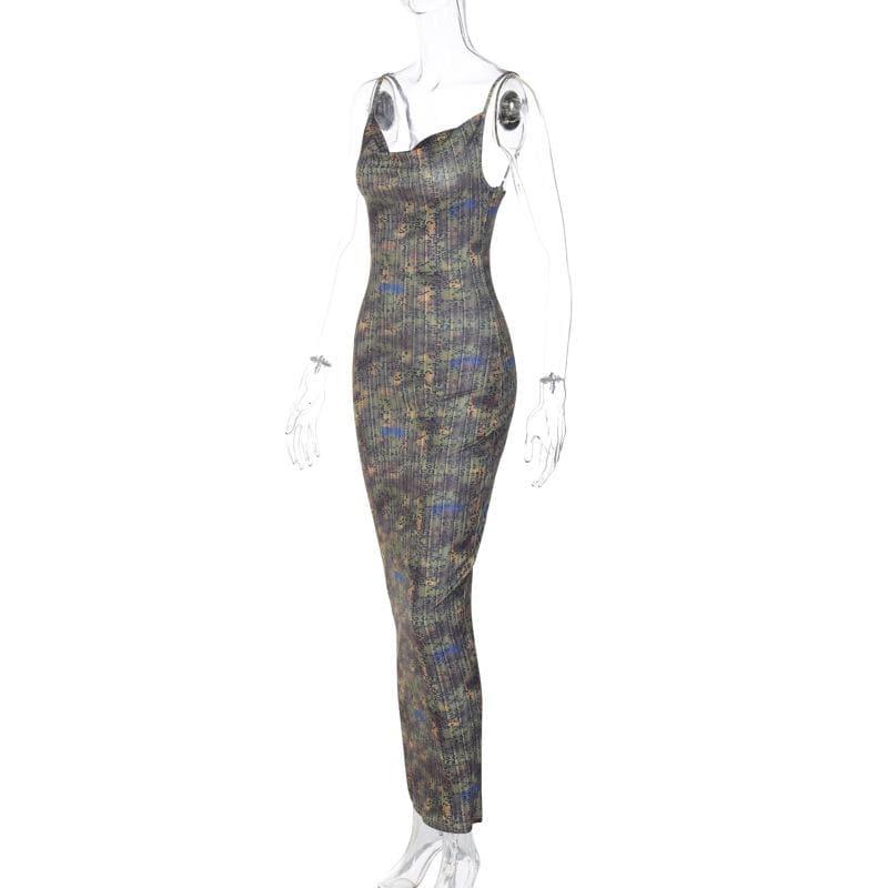 Print Cowl Neck Backless Spaghetti Strap Maxi Dress