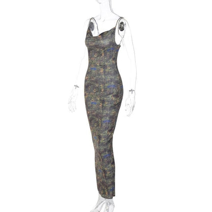 Print Cowl Neck Backless Spaghetti Strap Maxi Dress
