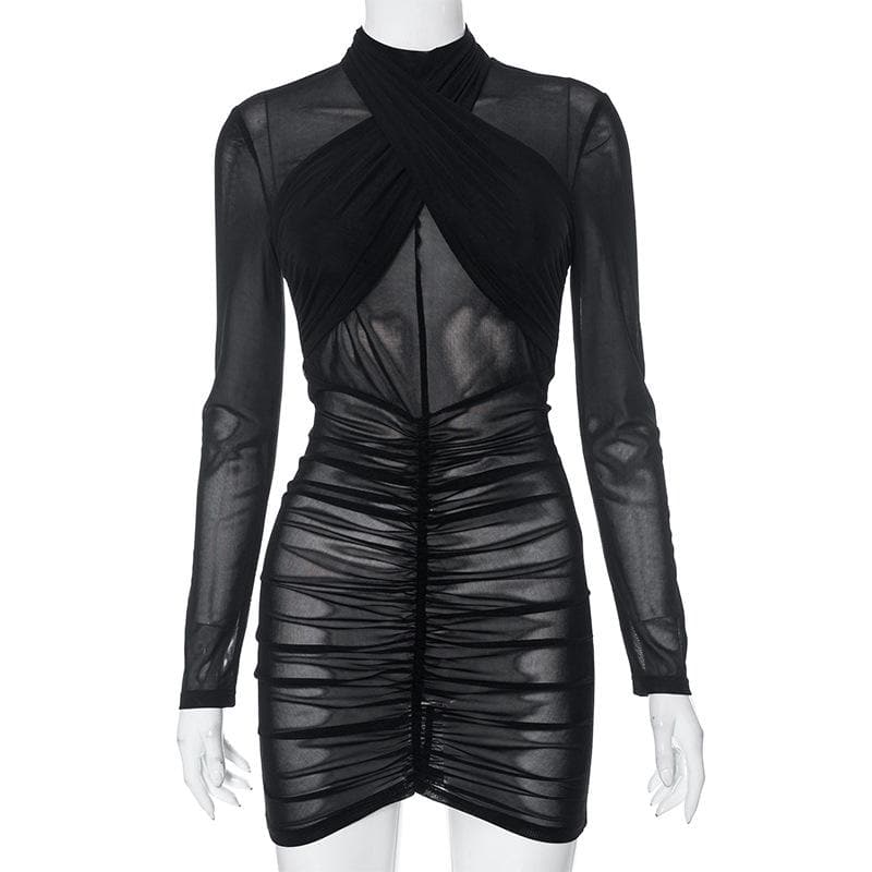 Ruched Cross Front Sheer Mesh Long Sleeve Mini Dress