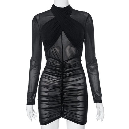 Ruched Cross Front Sheer Mesh Long Sleeve Mini Dress