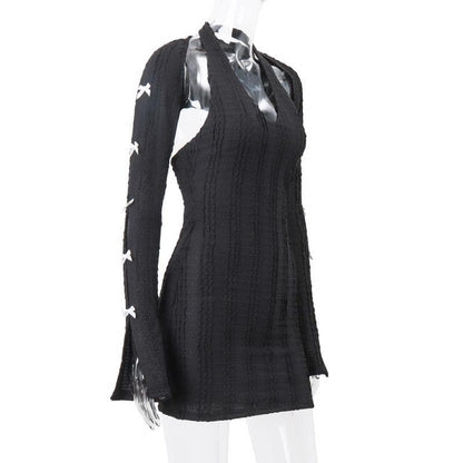 Deep V-Neck Halter Bow Sleeve Cutout Rib Knit Bodycon Mini Dress
