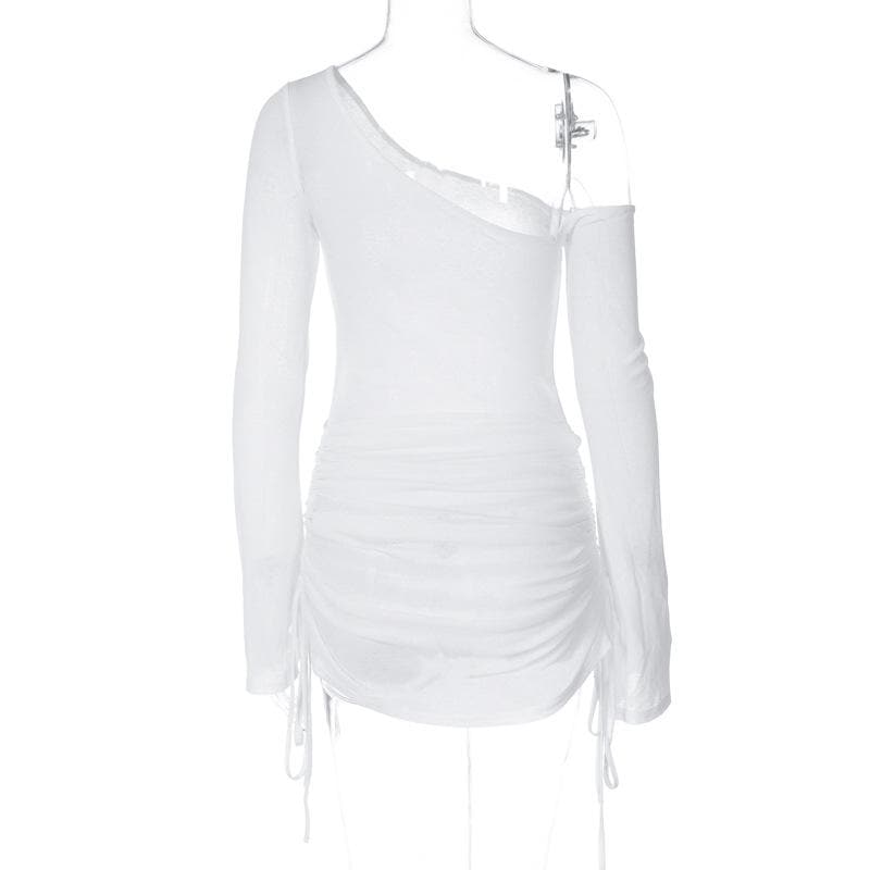 Chiffon One Shoulder Drawstring Side Ruched Long Sleeve Bodycon Mini Dress