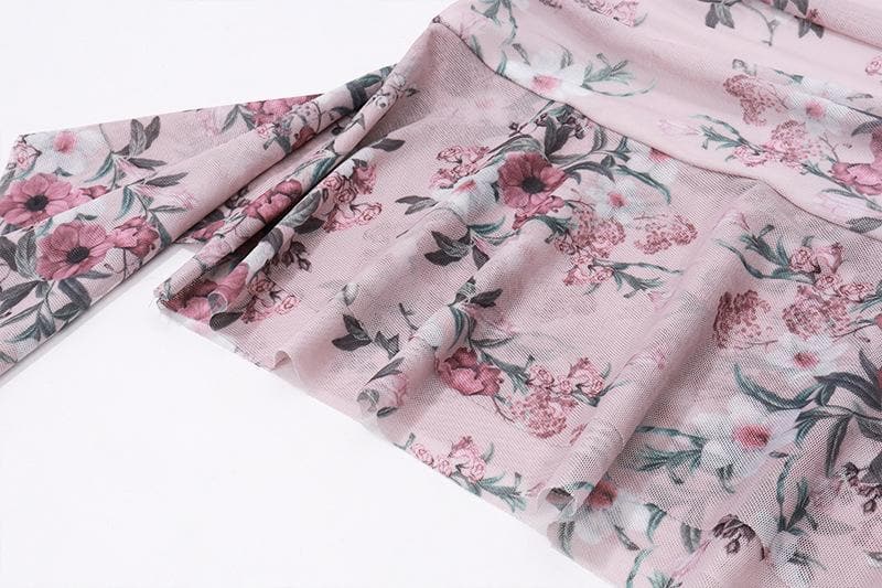 Halter Floral Print Lace Trim Midriff Cutout Ruffle Hem Mini Dress and Lace Arm Sleeves Set