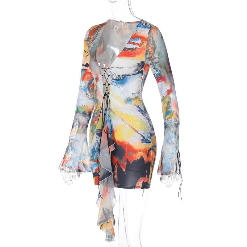 Deep V Lace Up Bell Sleeve Abstract Print Mini Dress