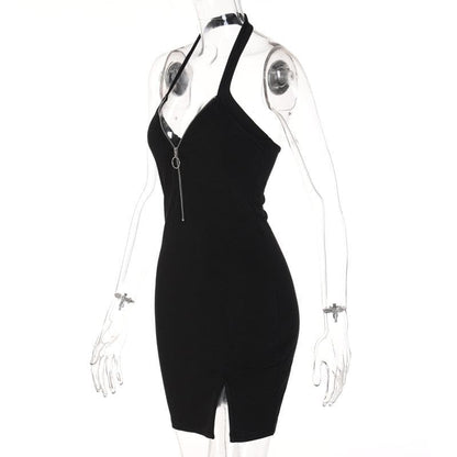 Halter Deep V Front Zip Ring Pull Thigh Slit Bodycon Mini Dress