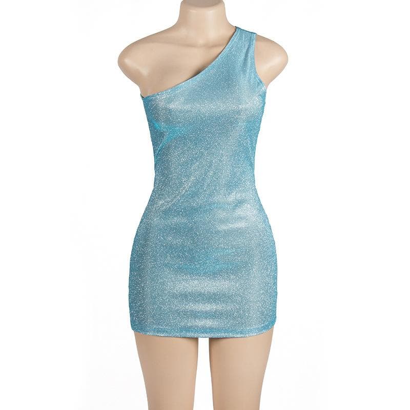 One Shoulder Shimmer Knit Glitter Texture Bodycon Mini Dress