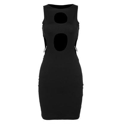 Crew Neck Sleeveless Oval Cutout Rhinestone Ring Hardware Bodycon Mini Dress