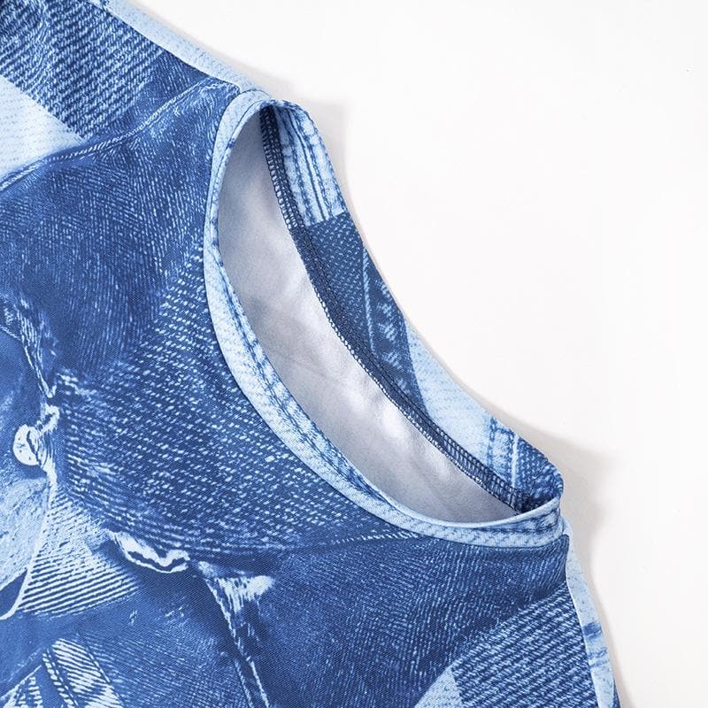 Crew Neck Faux Denim Patchwork Print Long Sleeve Bodycon Midi Dress