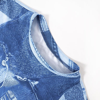 Crew Neck Faux Denim Patchwork Print Long Sleeve Bodycon Midi Dress