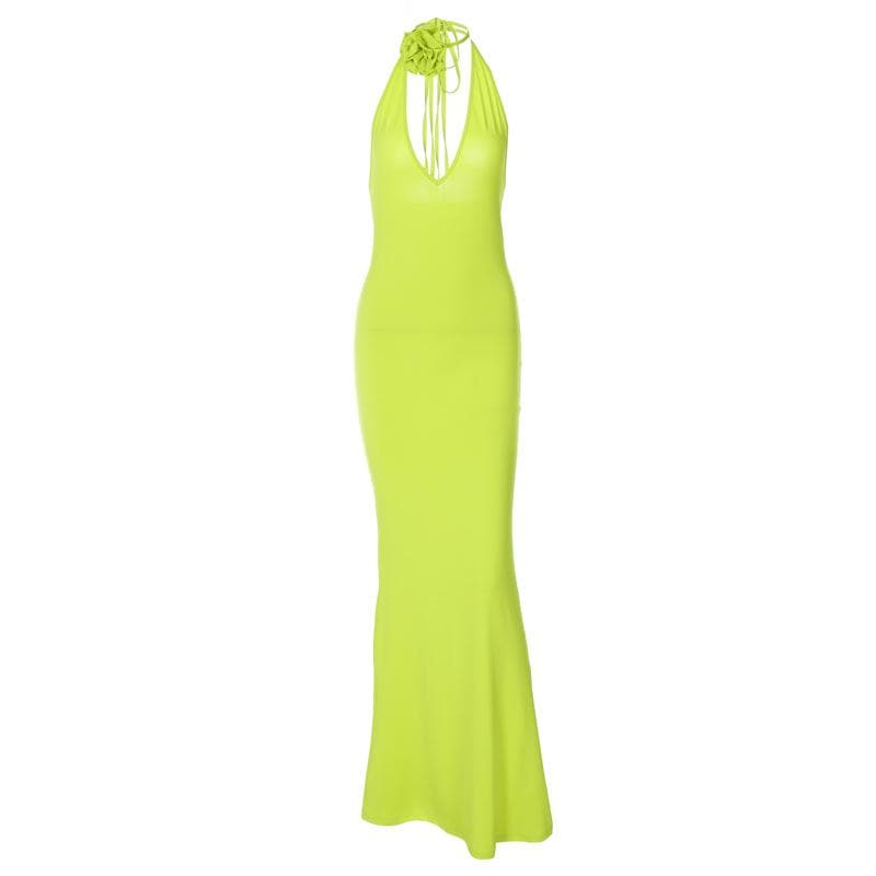 Halter V-Neck Flower Applique Self Tie Maxi Dress