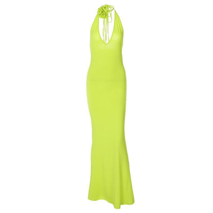 Halter V-Neck Flower Applique Self Tie Maxi Dress