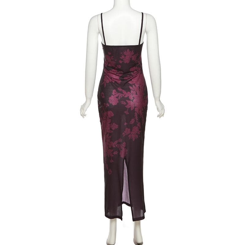 Floral Print Lace Trim Bustier Spaghetti Strap Bodycon Maxi Slip Dress