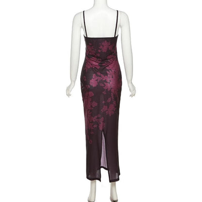Floral Print Lace Trim Bustier Spaghetti Strap Bodycon Maxi Slip Dress