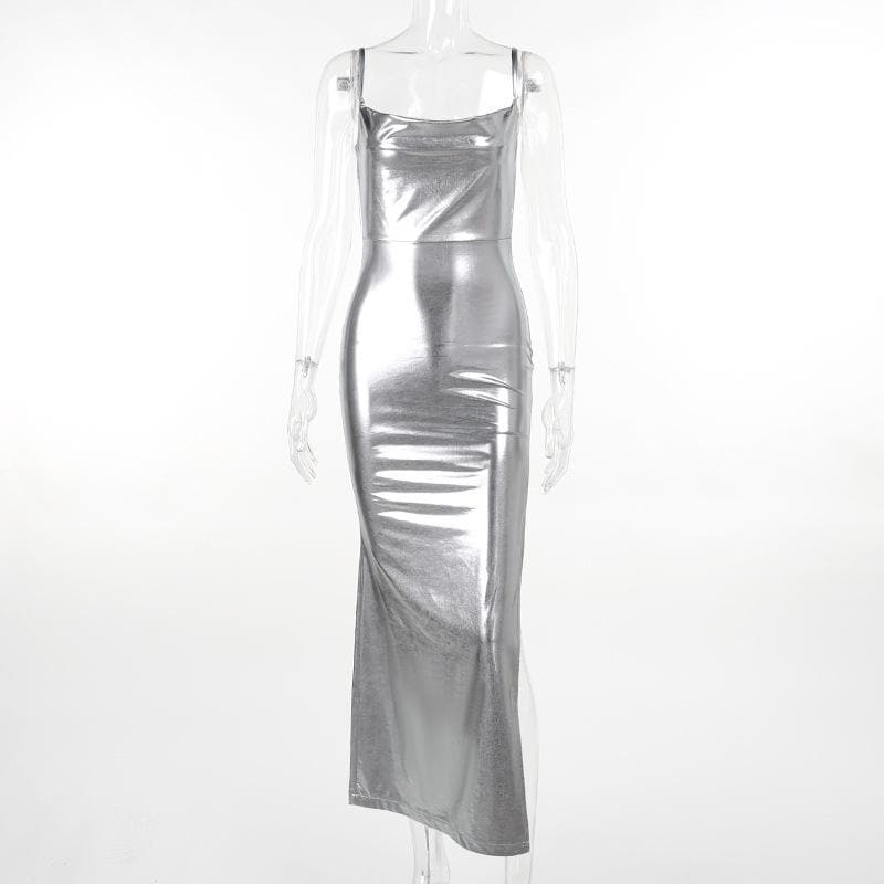 Metallic Cowl Neck Spaghetti Strap Open Back Slit Bodycon Maxi Dress
