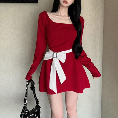 Square Neck Long Sleeve Buckle Bow Contrast Panel Mini Dress