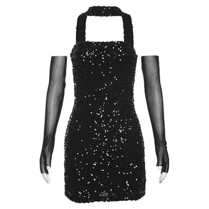 Sequin Strapless Tube Mesh Gloves Choker Backless Mini Dress