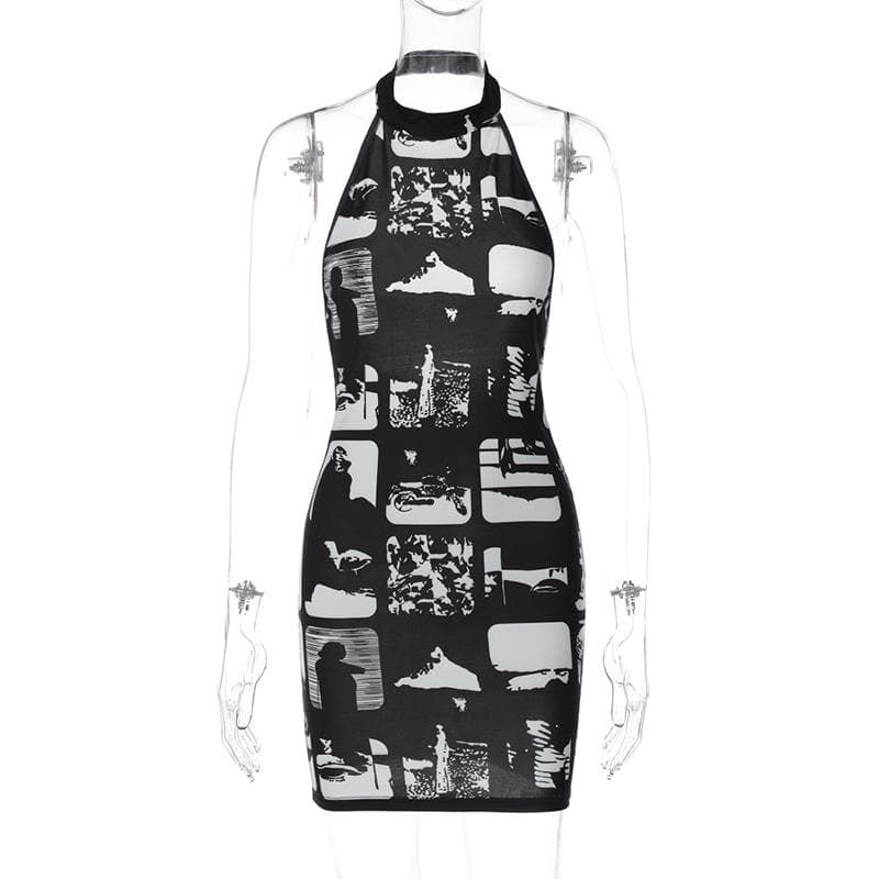 Comic Panel Print Halter Choker Cutout Backless Bodycon Mini Dress