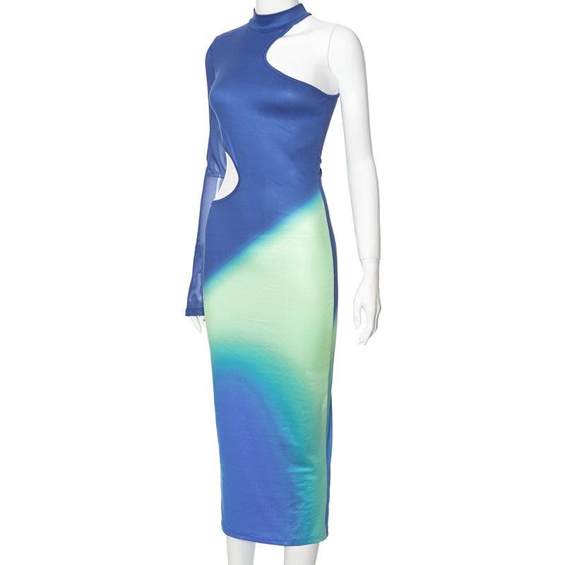 Mock Neck One-Sleeve Mesh Side Cutout Ombre Bodycon Maxi Dress