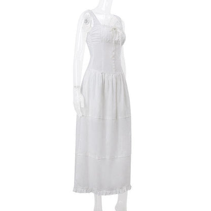 Square Neck Button Front Smocked Ruffle Tiered Milkmaid Maxi Dress