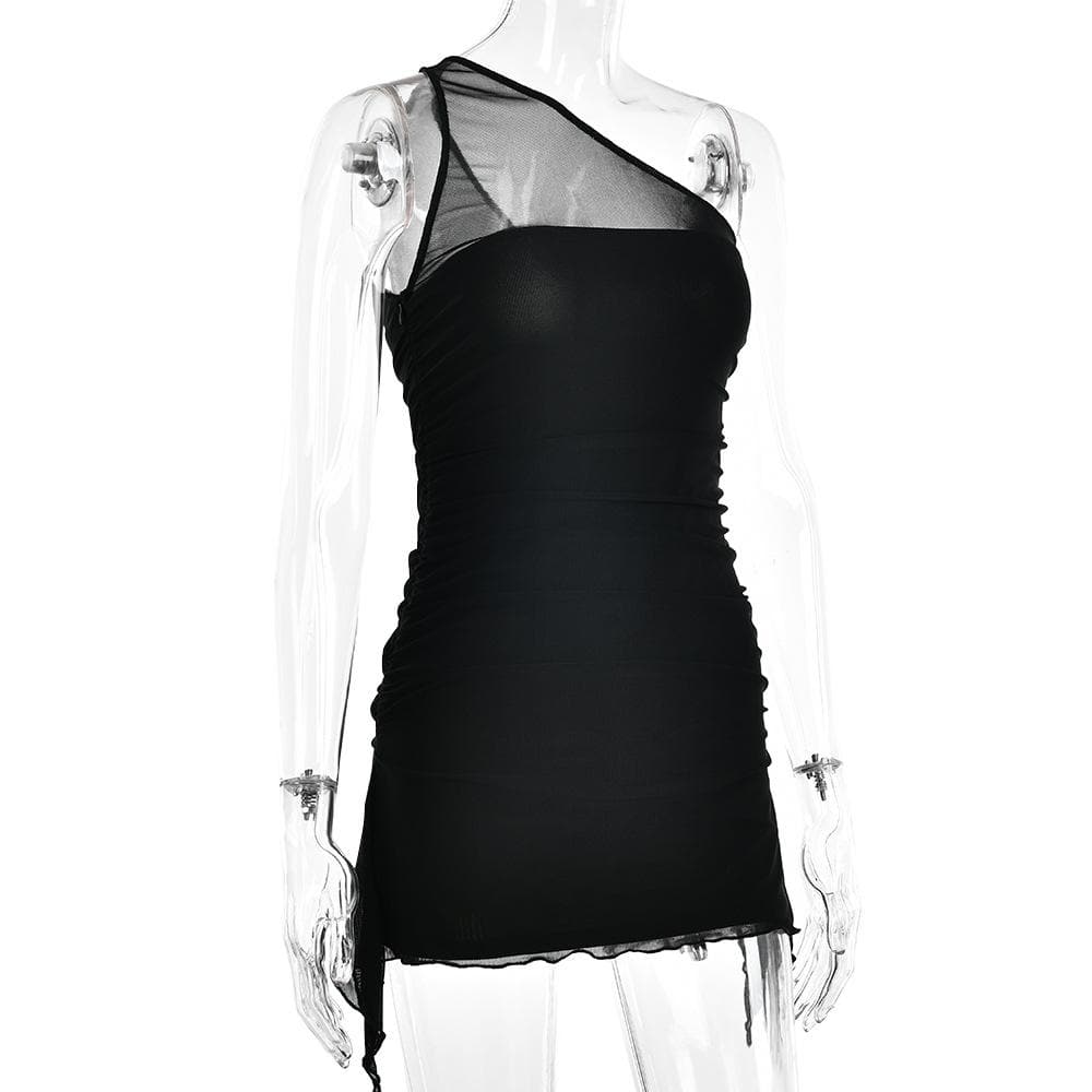 One Shoulder Mesh Panel Ruched Zip Up Mini Dress