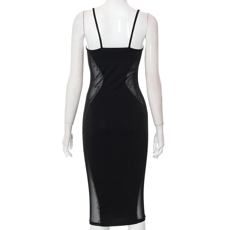Spaghetti Strap Bustier Mesh Panel Side Insert Bodycon Midi Dress