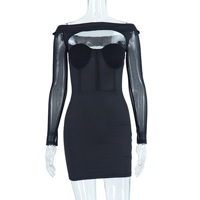 Off Shoulder Corset Sweetheart Mesh Long Sleeve Bodycon Mini Dress