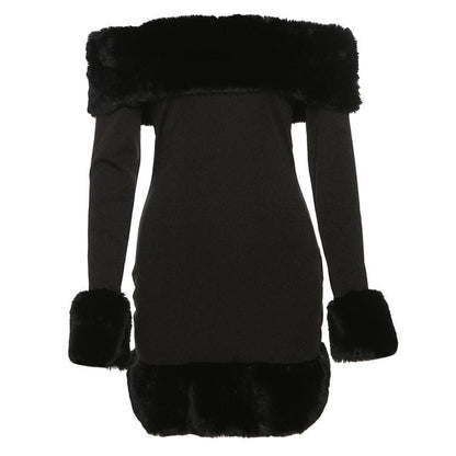 Faux Fur Trim Neckline Cuff Hem Off Shoulder Long Sleeve Bodycon Mini Dress