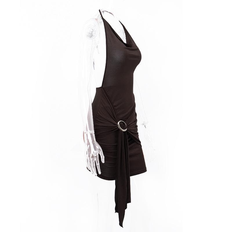 Cowl Neck Halter Ruched Buckle Side Drape Mini Dress