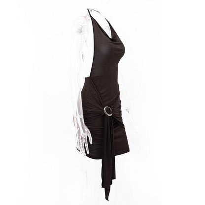 Cowl Neck Halter Ruched Buckle Side Drape Mini Dress
