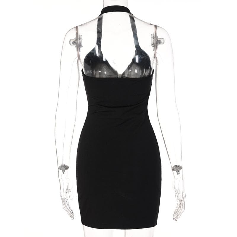 Halter Deep V Front Zip Ring Pull Thigh Slit Bodycon Mini Dress